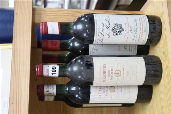 Three bottles of La Dame de Montrose, 1989, St Estephe, three bottles Le Clementin du Chateau Pape Clement, 1989, Pessac-Leognan